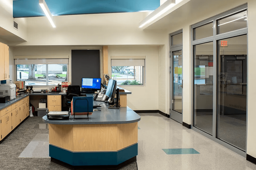 School entry featuring Pyrostop glass with bullet-resistant film